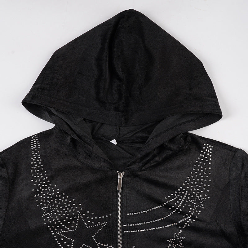 Hoodie long sleeve zip-up velvet beaded top - Image 5