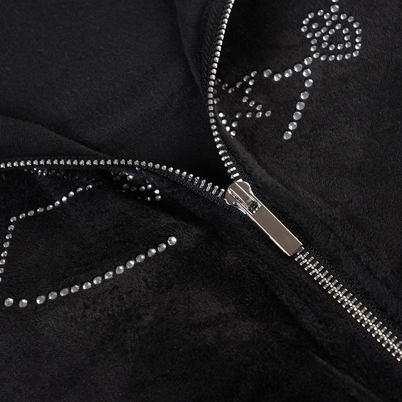 Hoodie long sleeve zip-up velvet beaded top - Image 7