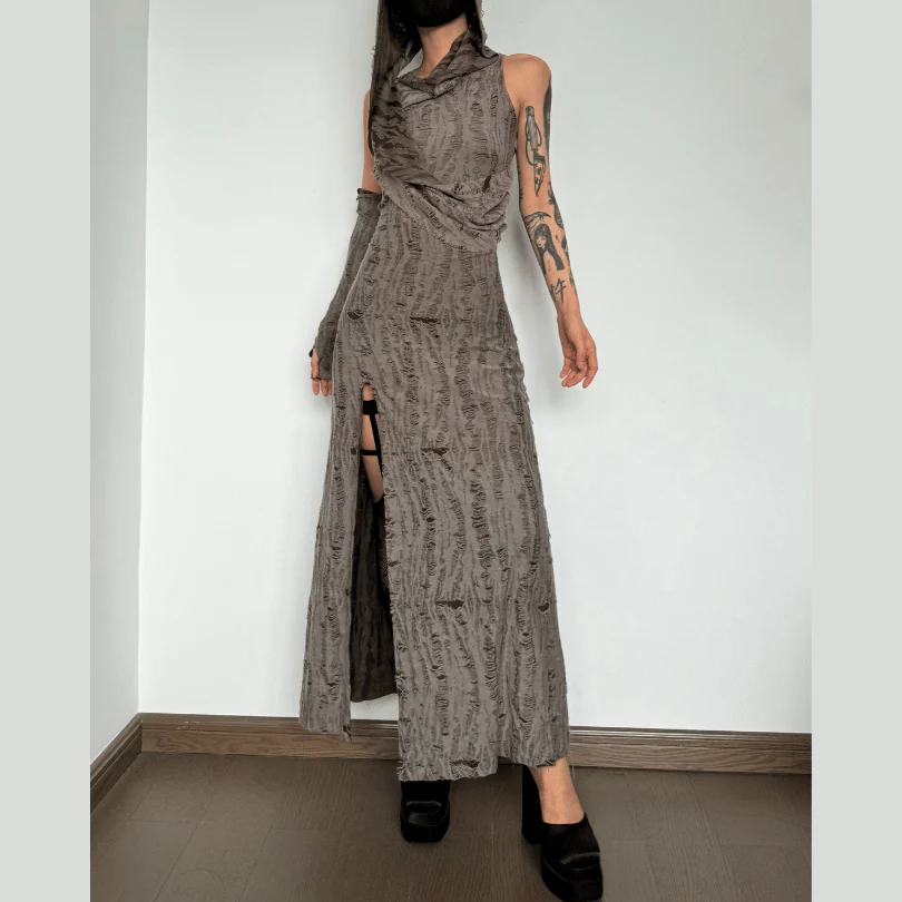Hoodie ruched ruffle slit maxi dress - Image 2