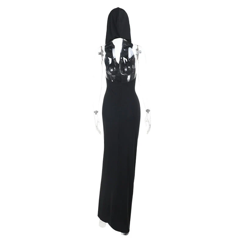 Hoodie ruched slit cowl neck solid maxi dress - Image 4