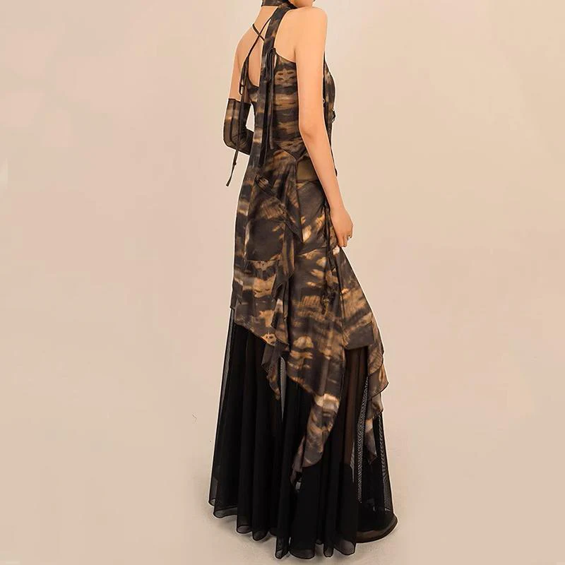 Irregular cross back lace up print mesh gloves top - Image 3
