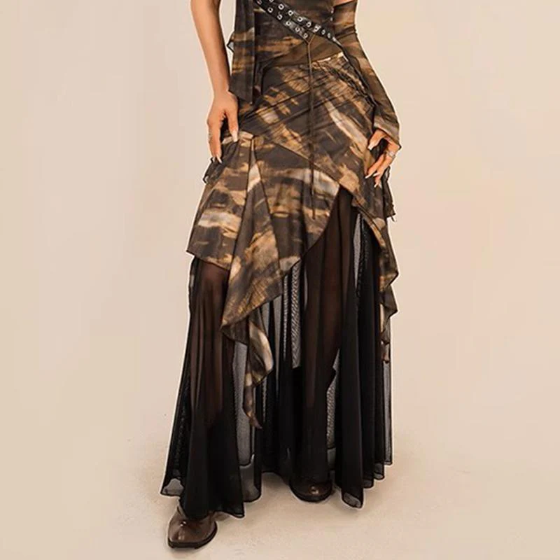 Irregular cross back lace up print mesh gloves top - Image 4