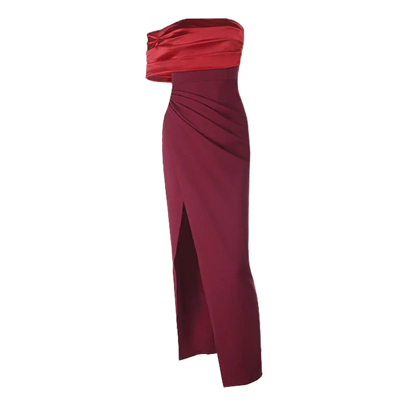 Irregular high slit pleated zip-up maxi dress