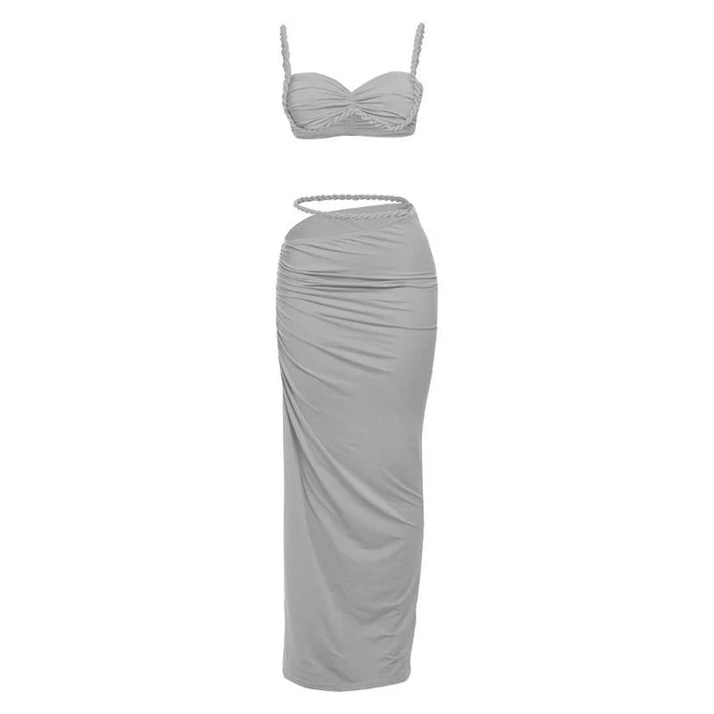 Irregular hollow out ruched v neck cami maxi skirt set - Image 2