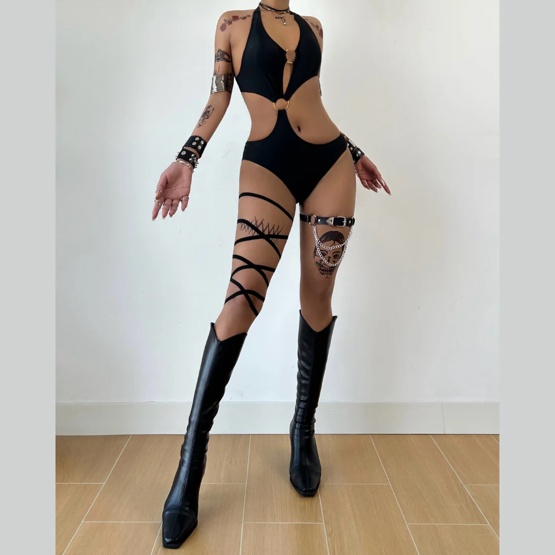 Irregular o ring u neck hollow out bodysuit - Image 2