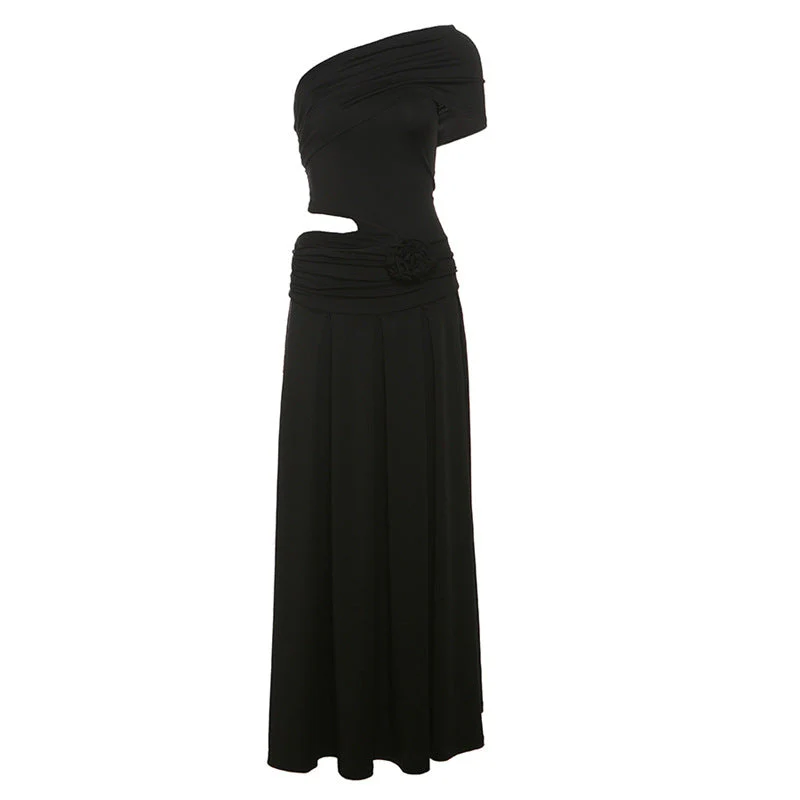Irregular one shoulder flower applique maxi dress