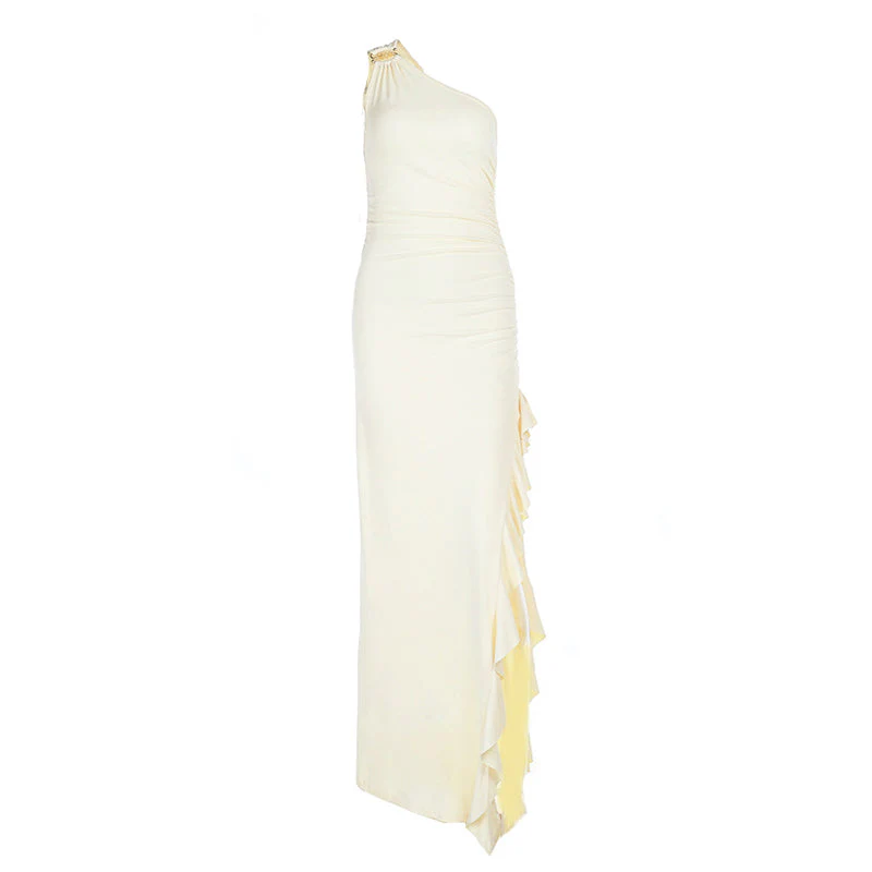 Irregular one shoulder slit ruffle ruched maxi dress
