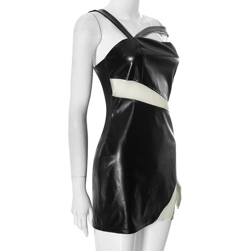 Irregular PU leather mesh zip-up mini dress - Image 3