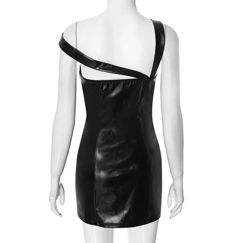 Irregular PU leather mesh zip-up mini dress - Image 4
