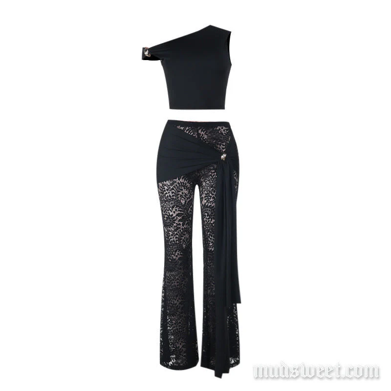 Irregular ruched lace solid low rise pant set