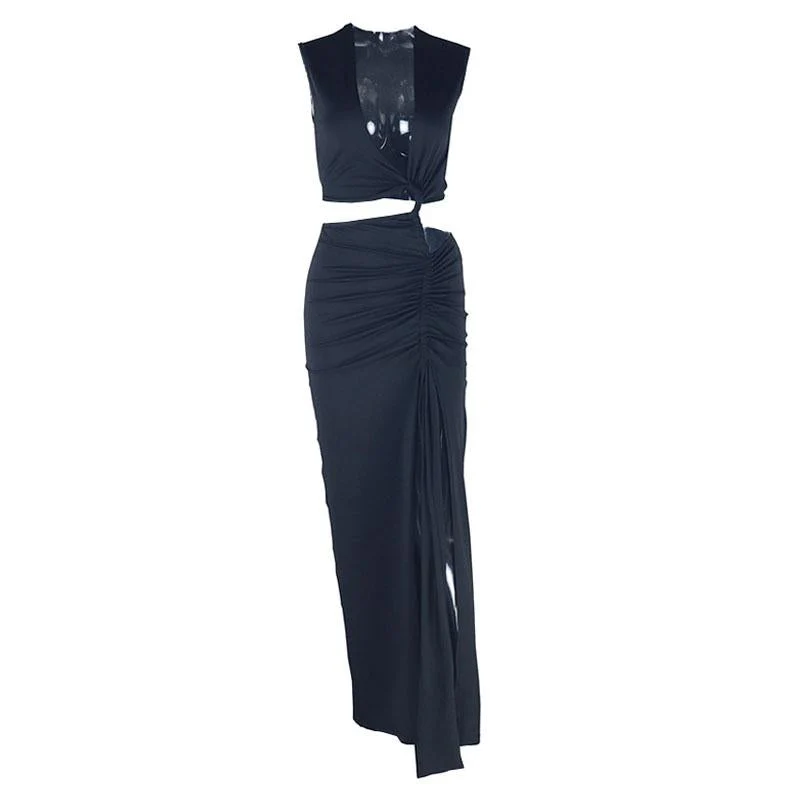 Irregular ruched slit hollow out v neck maxi dress - Image 2
