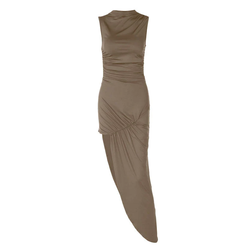 Irregular ruched zip-up crewneck slit midi dress - Image 3