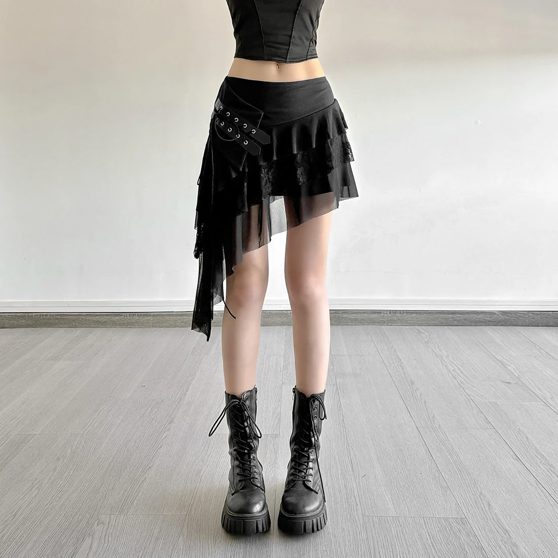 Irregular self tie mesh A line ruffle mini skirt