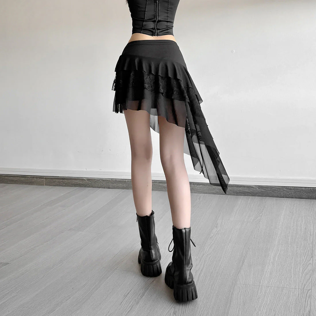 Irregular self tie mesh A line ruffle mini skirt - Image 4