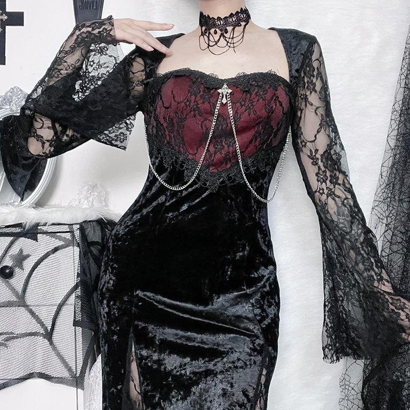 Lace contrast long flared sleeve metal chain zip-up velvet midi dress - Image 2