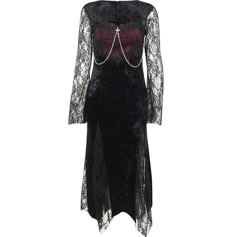 Lace contrast long flared sleeve metal chain zip-up velvet midi dress - Image 3