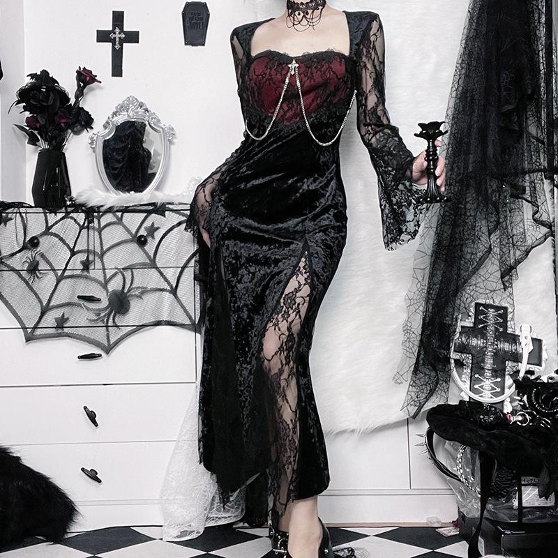 Lace contrast long flared sleeve metal chain zip-up velvet midi dress - Image 4