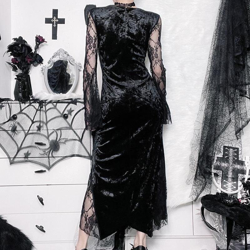 Lace contrast long flared sleeve metal chain zip-up velvet midi dress - Image 5