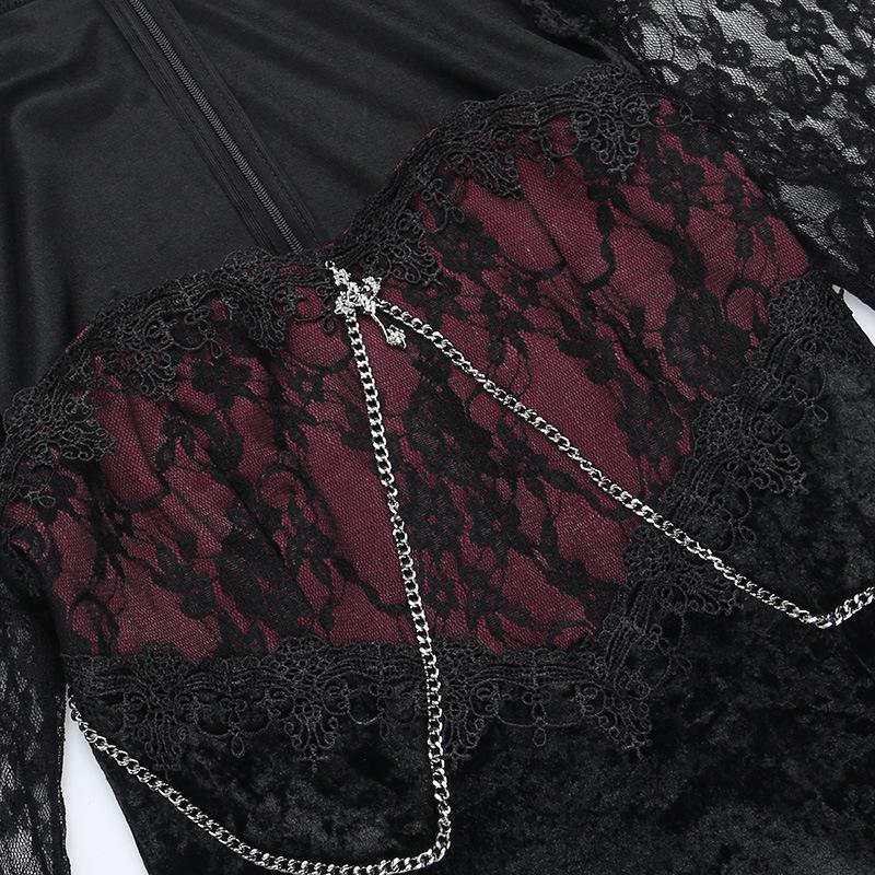 Lace contrast long flared sleeve metal chain zip-up velvet midi dress - Image 6