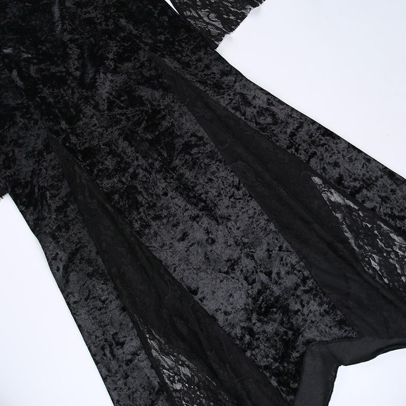 Lace contrast long flared sleeve metal chain zip-up velvet midi dress - Image 7