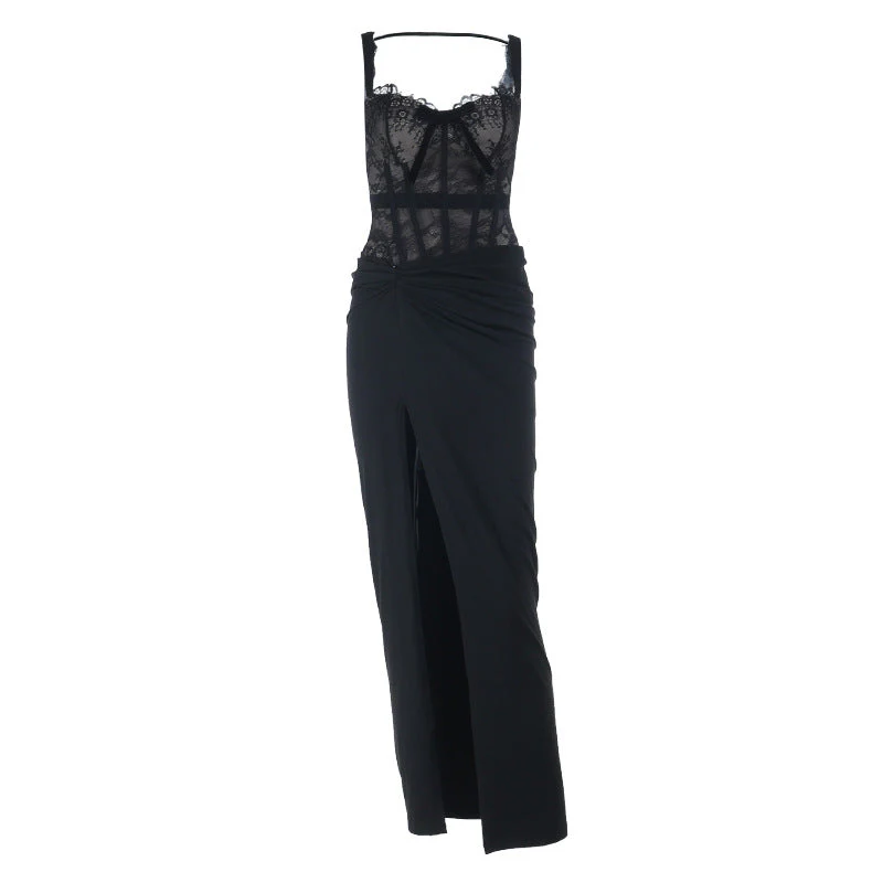 Lace hem bowknot slit ruched cami maxi dress