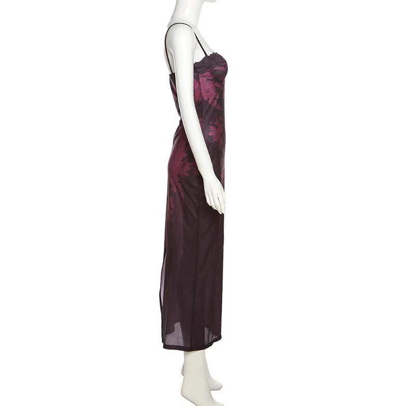 Lace hem contrast flower pattern slit cami midi dress - Image 3