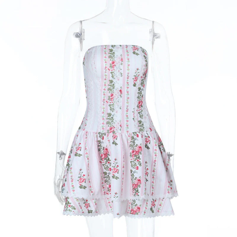 Lace hem flower print zip-up tube mini dress - Image 2