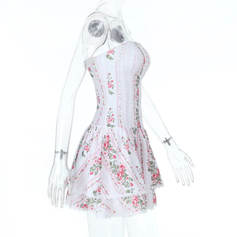 Lace hem flower print zip-up tube mini dress - Image 3
