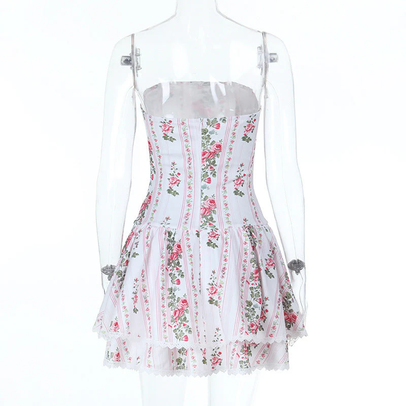 Lace hem flower print zip-up tube mini dress - Image 4