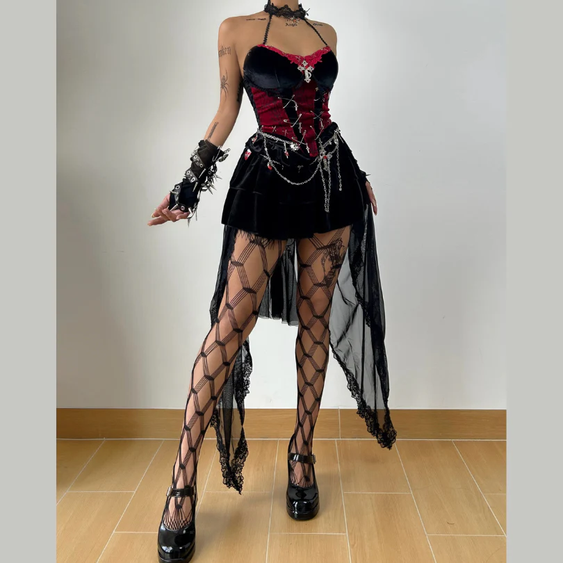 Lace hem halter u neck cross applique shrug mini skirt set - Image 2