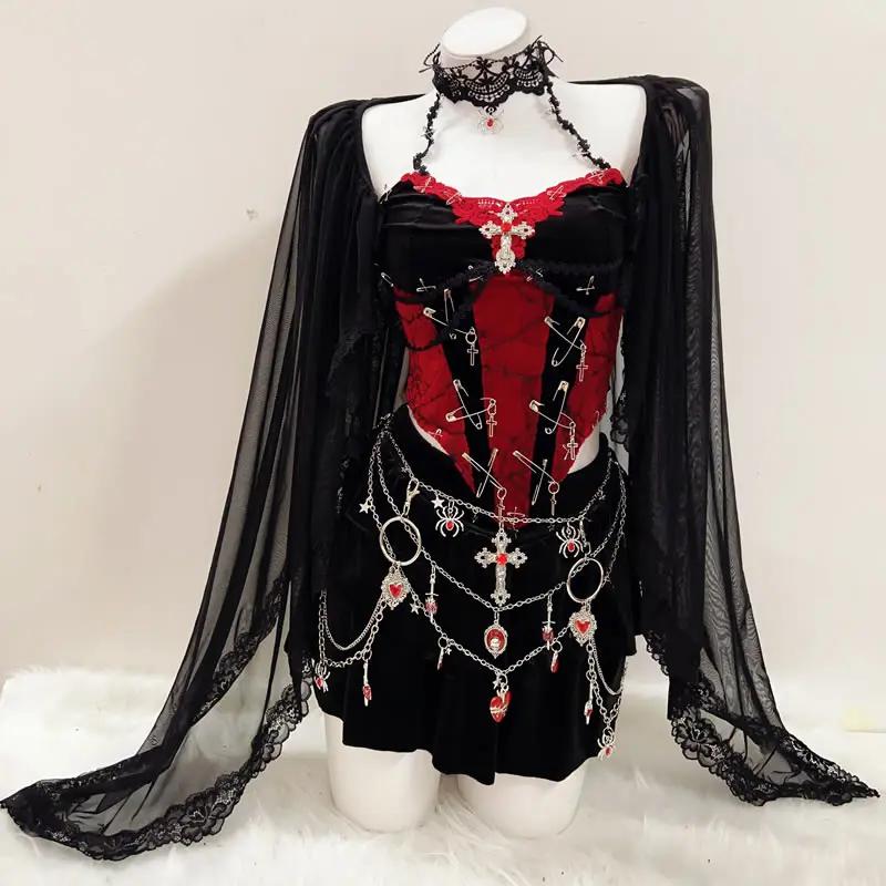 Lace hem halter u neck cross applique shrug mini skirt set - Image 3