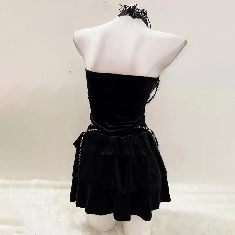 Lace hem halter u neck cross applique shrug mini skirt set - Image 4