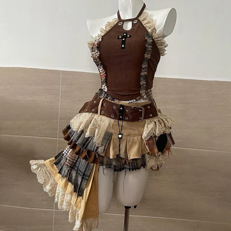 Lace hem hollow out irregular plaid mini skirt set - Image 2