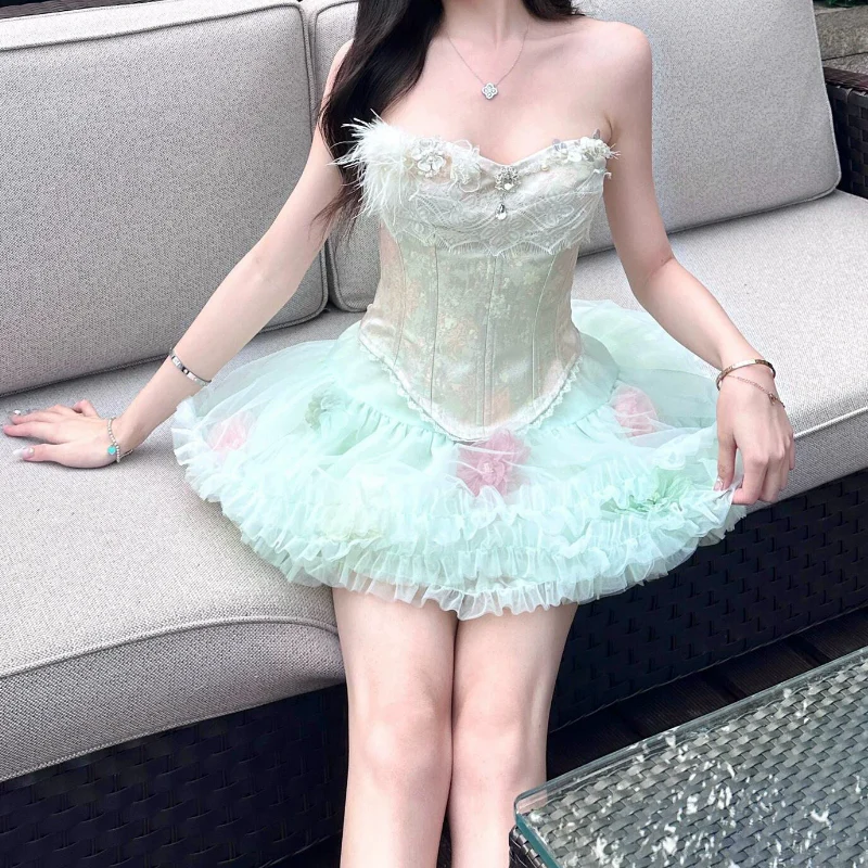 Lace hem mesh ruffle tube backless mini skirt set - Image 2