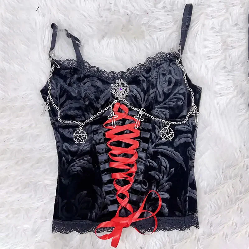 Lace hem metal chain lace up v neck cami top