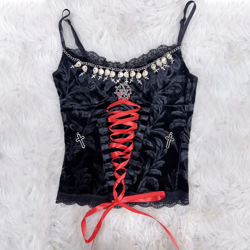 Lace hem metal chain lace up v neck cami top - Image 2