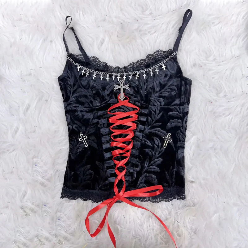 Lace hem metal chain lace up v neck cami top - Image 3