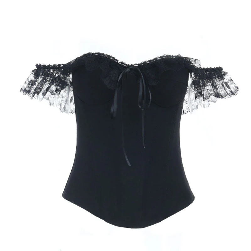 Lace hem off shoulder ribbon zip-up tube top - Image 2