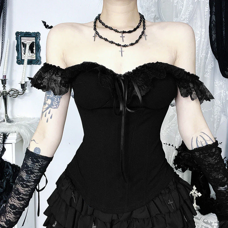 Lace hem off shoulder ribbon zip-up tube top - Image 3
