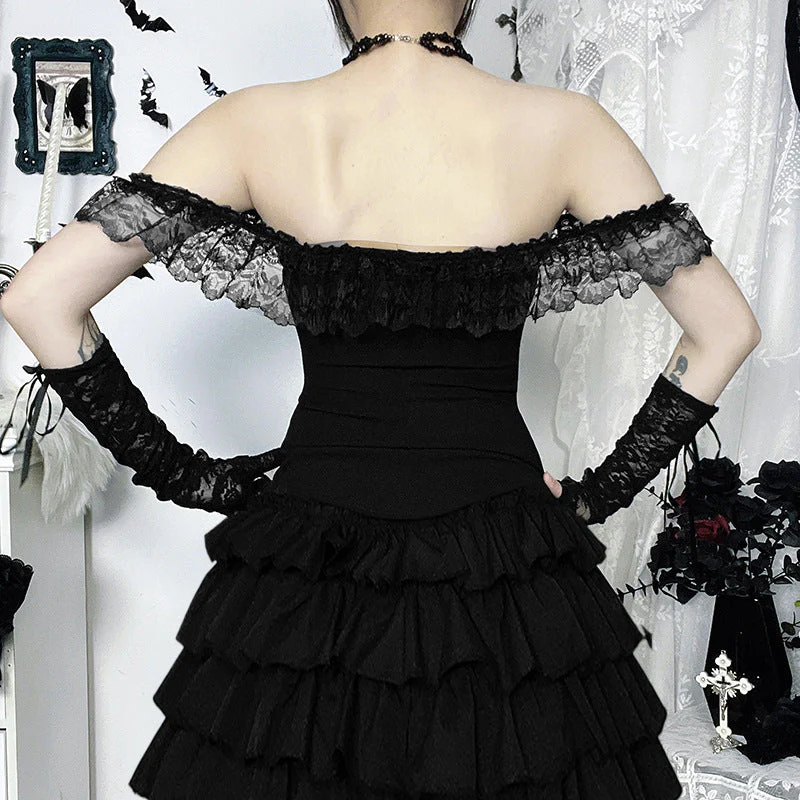 Lace hem off shoulder ribbon zip-up tube top - Image 4
