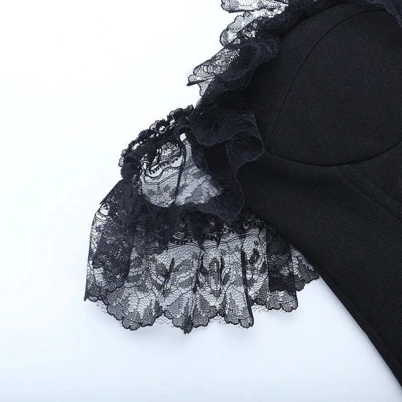 Lace hem off shoulder ribbon zip-up tube top - Image 5