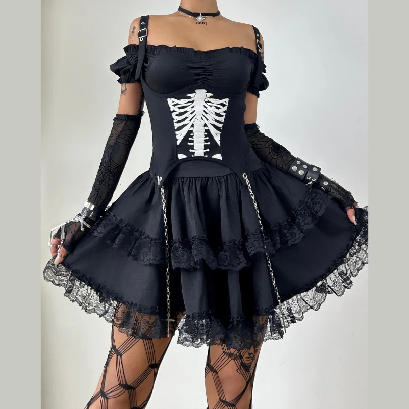 Lace hem off shoulder smocked ruched mini dress