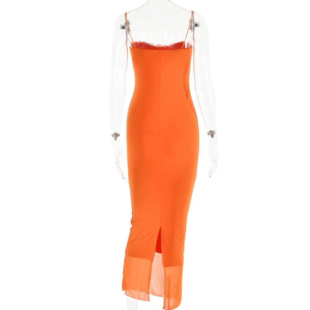 Lace hem patchwork mesh slit cami midi dress - Image 6