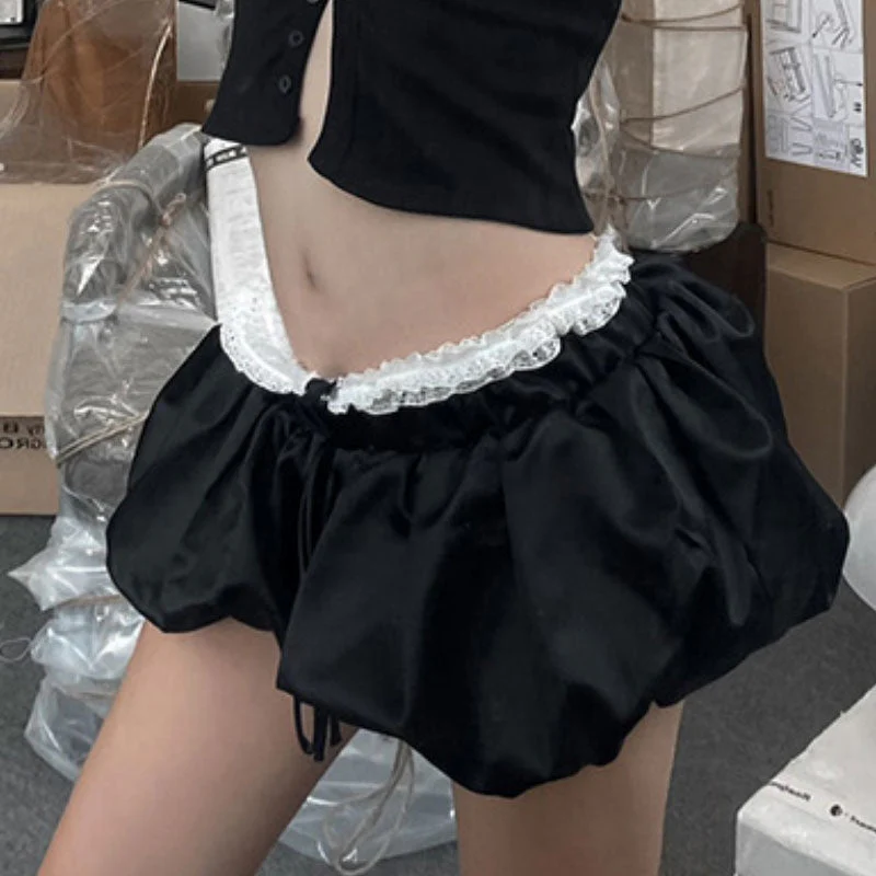 Lace hem ruched bowknot A line mini skirt