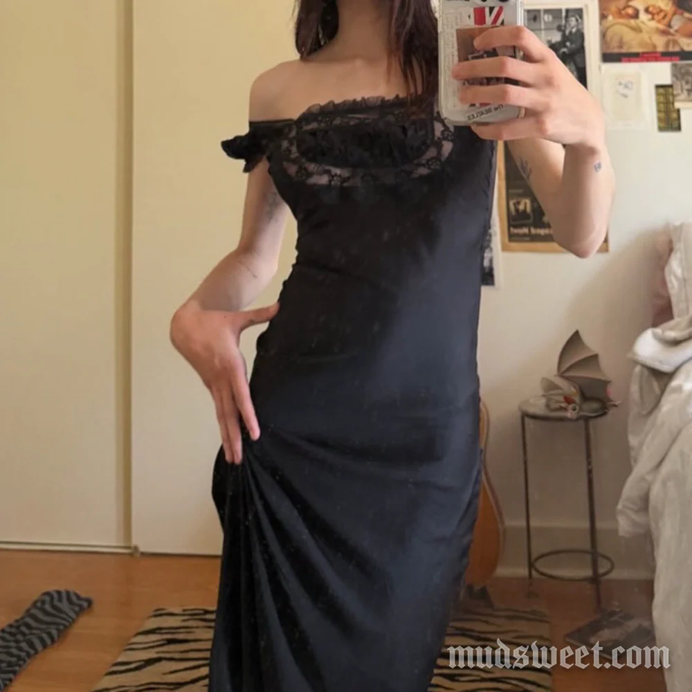 Lace hem ruched cap sleeve satin maxi dress