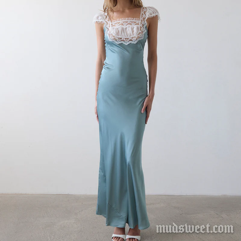 Lace hem ruched cap sleeve satin maxi dress - Image 2