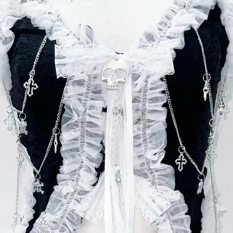 Lace hem self tie bowknot skull applique top - Image 6