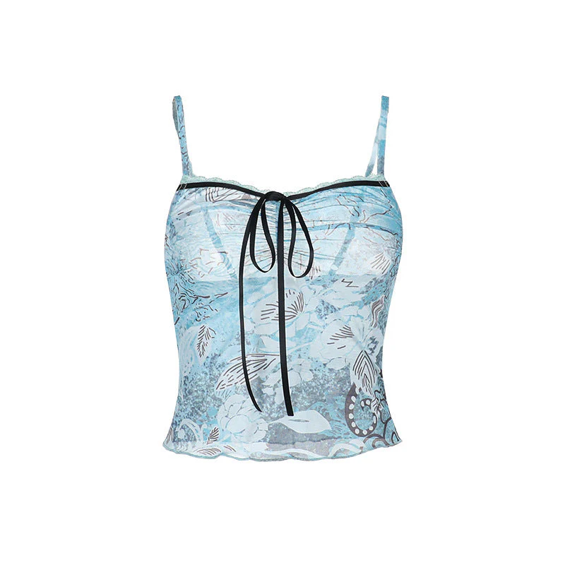 Lace hem self tie print mesh backless cami top