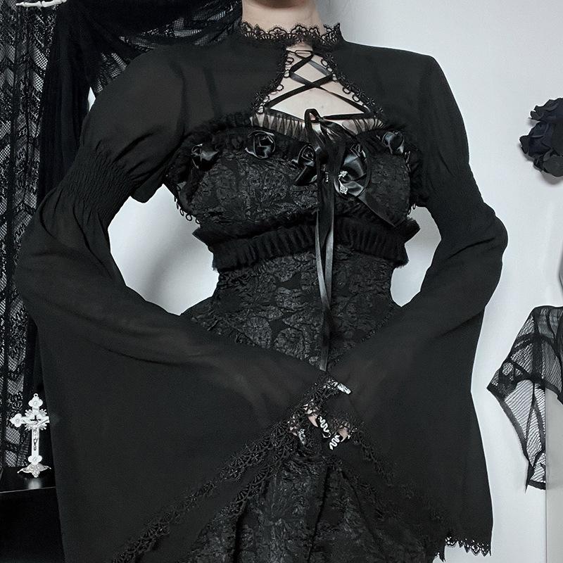 Lace hem smocked solid flared sleeve lace up shrug top goth Alternative Darkwave Fashion goth Emo Darkwave Fashion