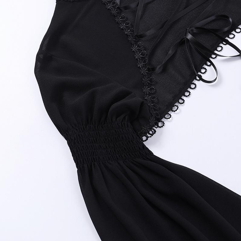 Lace hem smocked solid flared sleeve lace up shrug top goth Alternative Darkwave Fashion goth Emo Darkwave Fashion - Image 6